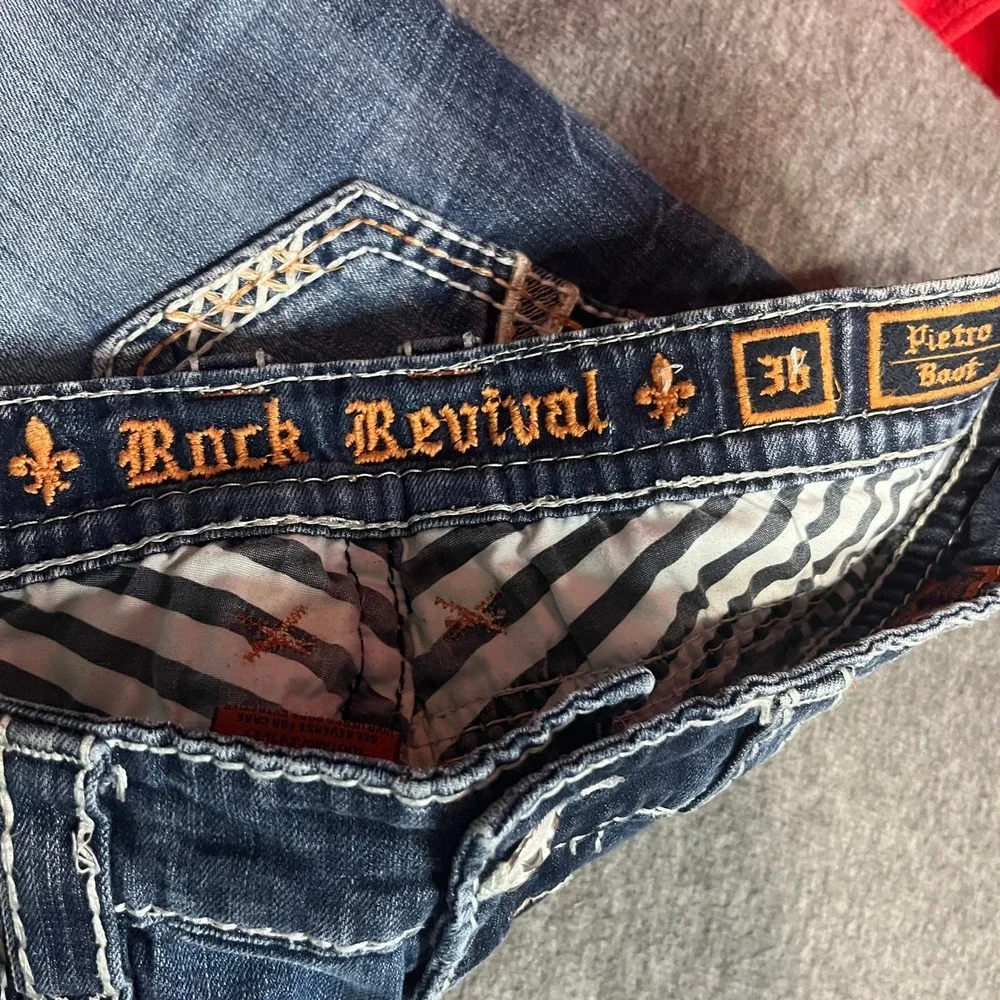 Rock Revival Pietro Bootcut Jeans Mens 36x32 Blue Distressed Thick Stitch Denim